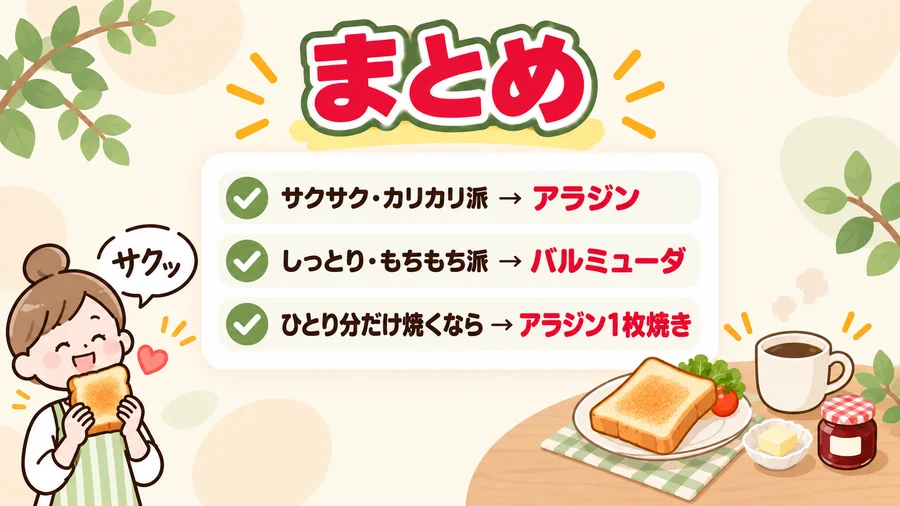 アラジンとバルミューダのトースターを比較したまとめのイメージイラスト