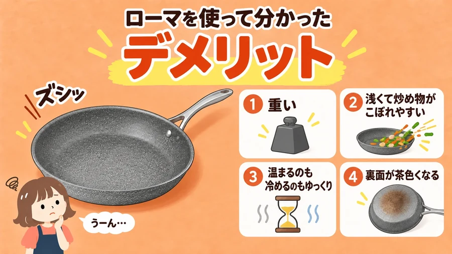 バッラリーニ ローマを使って分かったデメリット（重い・浅い・温まるのも冷めるのもゆっくり・裏面が茶色くなる）のイラスト