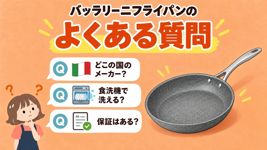 バッラリーニフライパンのよくある質問（どこの国のメーカー？・食洗機で洗える？・保証はある？）のイラスト