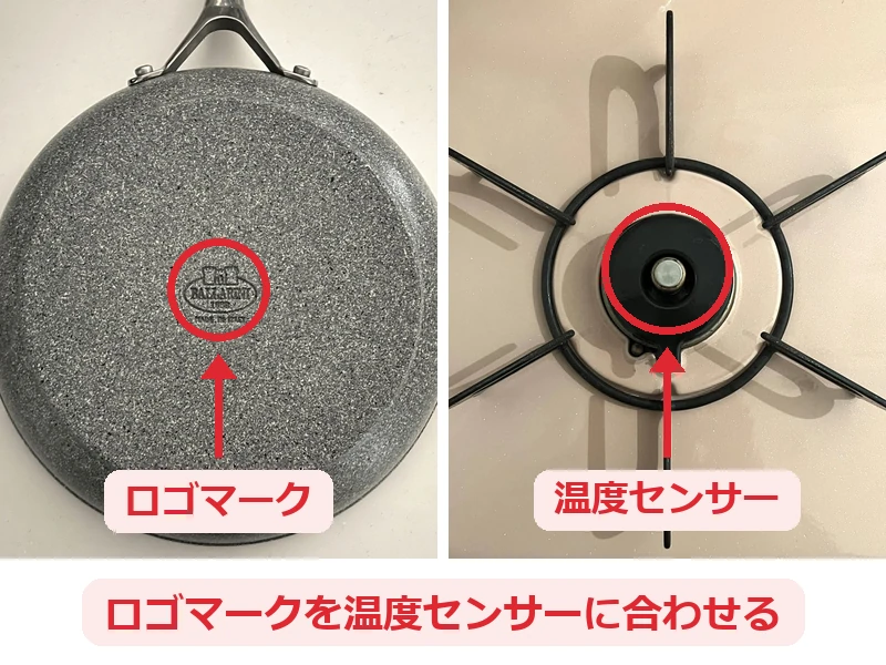 バッラリーニ ローマの裏側のロゴマーク（赤丸）と、ガスコンロの温度センサー（赤丸）