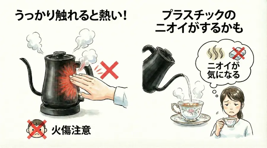 バルミューダ ケトルは、沸騰後に本体を触ると熱く、使い始めにうちはニオイがある（ニオイに敏感な人）