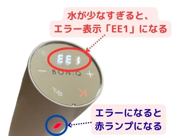 水が少なすぎると「EE1」のエラー表示がでる