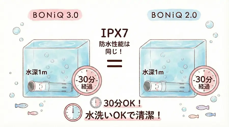 ボニーク3.0と2.0は、IPX7(安心の防水性能)