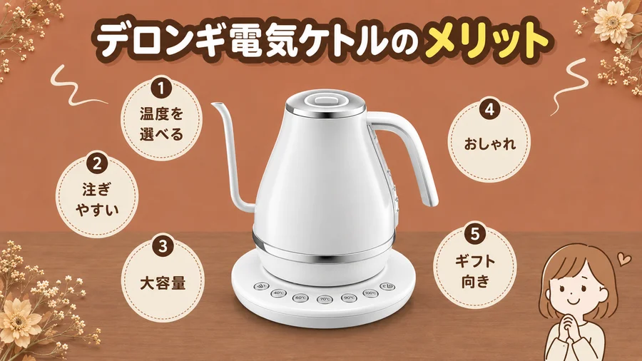 デロンギ電気ケトルのメリット5つをまとめたイラスト