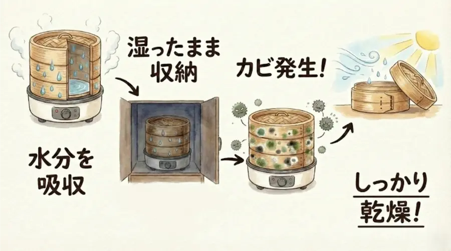電気せいろは湿ったまま収納するとカビが発生する