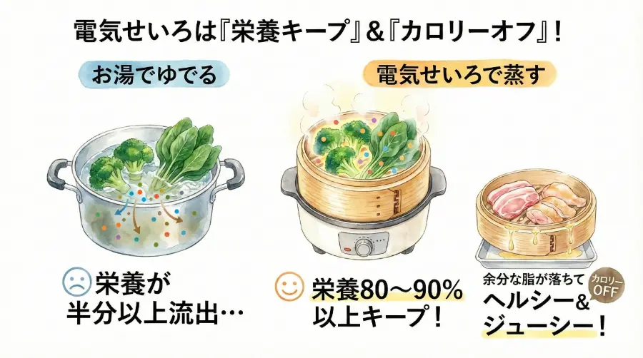 電気せいろは栄養をキープ＆カロリーオフできる優れもの