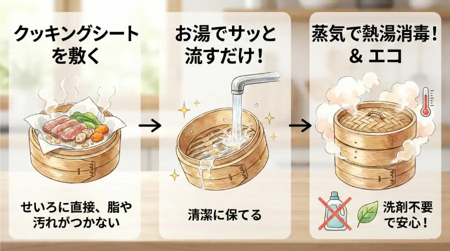 電気せいろは、クッキングシートを敷けば後片づけが楽