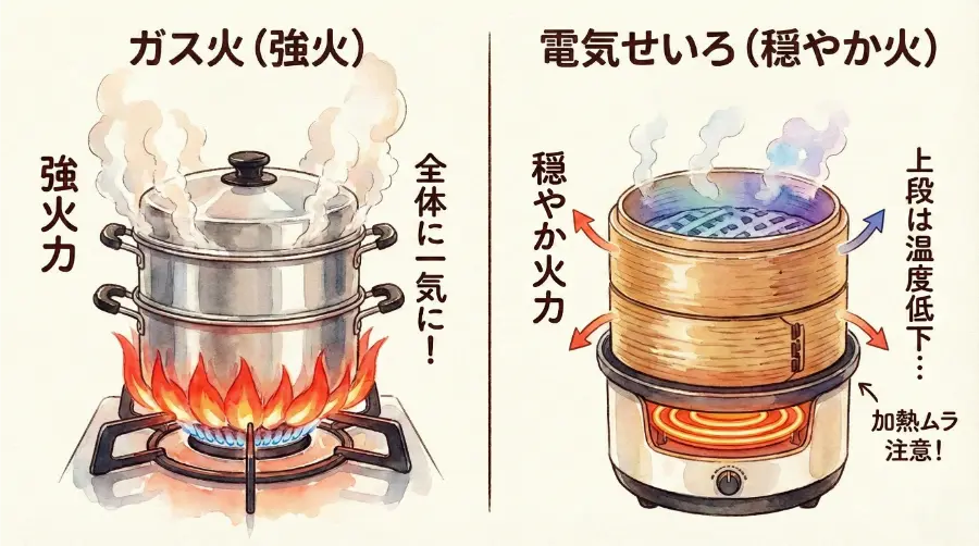 電気せいろは、ガス火に比べて火力が穏やか