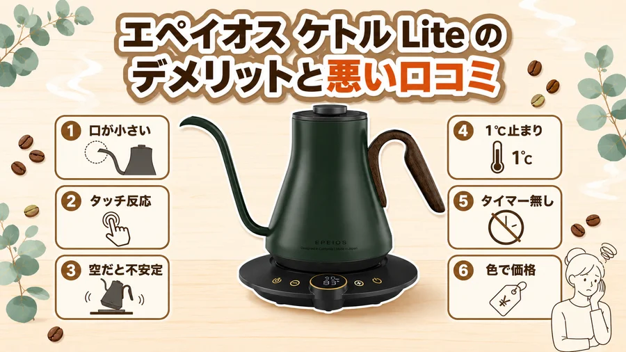エペイオス ケトルLiteのデメリットと悪い口コミ6つをまとめたイラスト