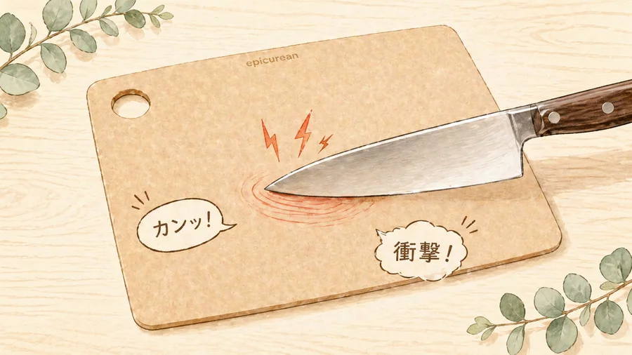 エピキュリアンまな板の硬さで刃に衝撃が伝わる様子を説明するイラスト
