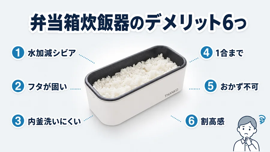 弁当箱炊飯器のデメリット6つをまとめたイラスト