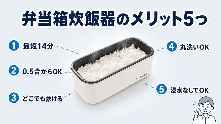 弁当箱炊飯器のメリット5つをまとめたイラスト