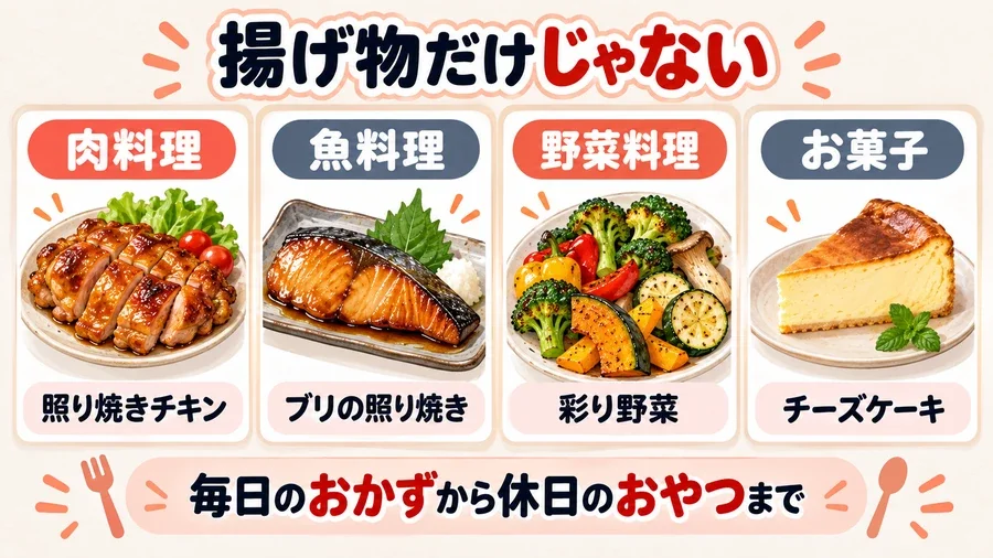 RAO-4で作れる肉料理、魚料理、野菜料理、お菓子の例を示す図解