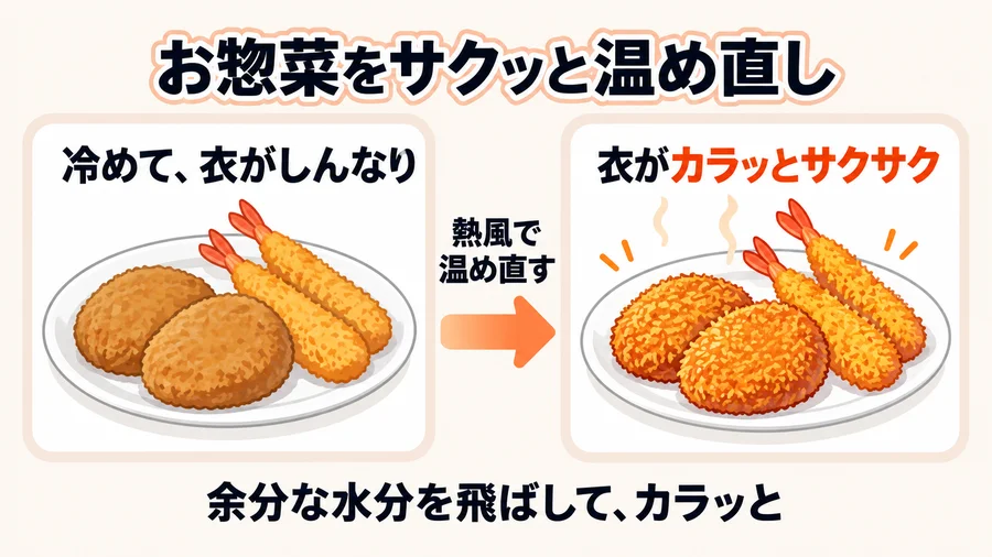 しんなりした惣菜の衣を熱風でサクッと温め直す流れ