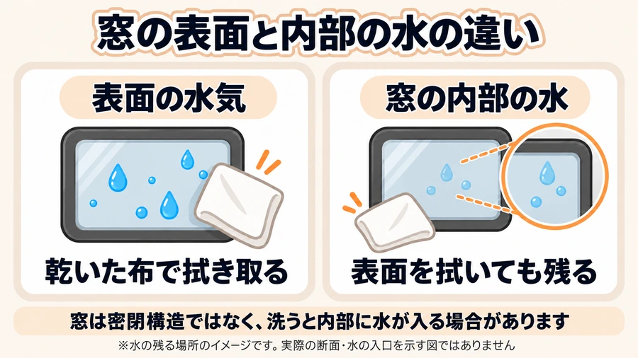RAO-4の窓の表面の水気と内部に残る水の違いを示すイメージ図。実際の断面や水の入口を示すものではありません。