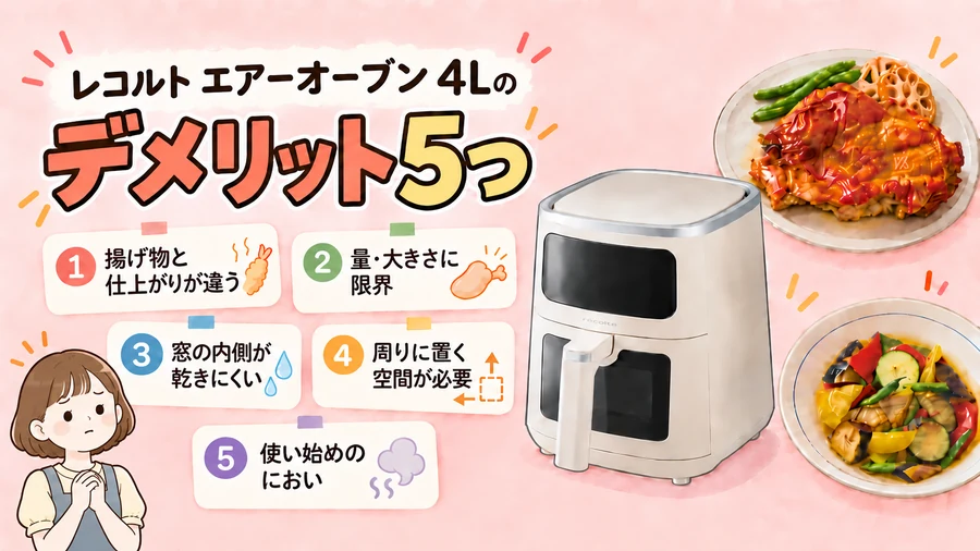 レコルト エアーオーブン 4Lの5つのデメリットを説明するイラスト