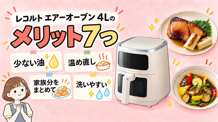 レコルト エアーオーブン 4Lの7つのメリットから、代表的な魅力を説明するイラスト