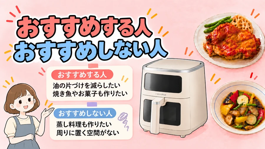 レコルト エアーオーブン 4Lをおすすめする人・おすすめしない人を示すイラスト