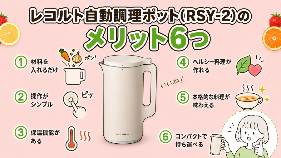 レコルト自動調理ポット(RSY-2)のメリット6つを説明するイラスト