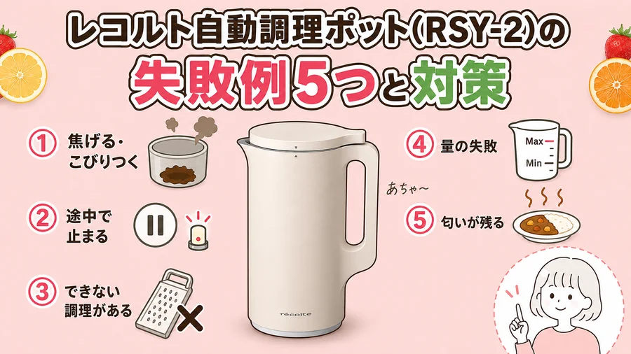 レコルト自動調理ポット（RSY-2）の失敗例5つと対策を説明するイラスト