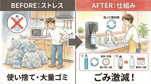 ペットボトルのゴミが減る（面倒くさい分別もしなくていい）