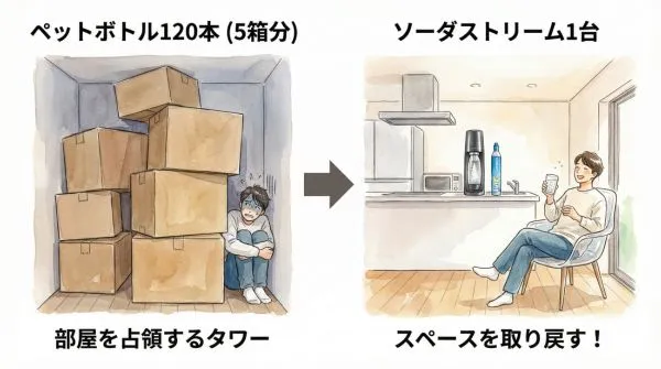 飲料水の段ボールがなくなり、部屋のスペースが空く